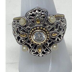Womens Size 8 Silver Filigree Ring Round Rhinestones Beaded